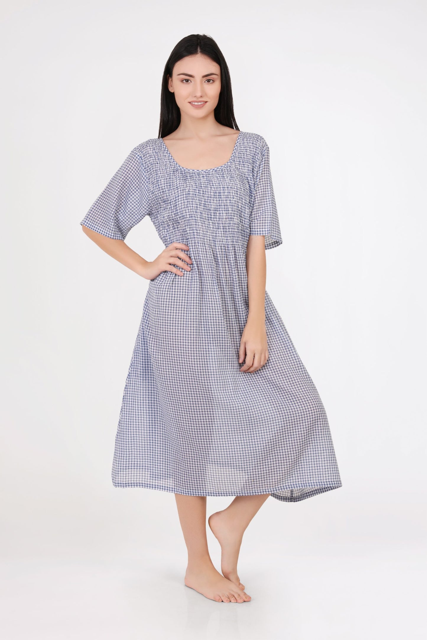 ARABELLA Shirred Bodice Short Sleeve (Gingham – Hand Loomed) MD83EE