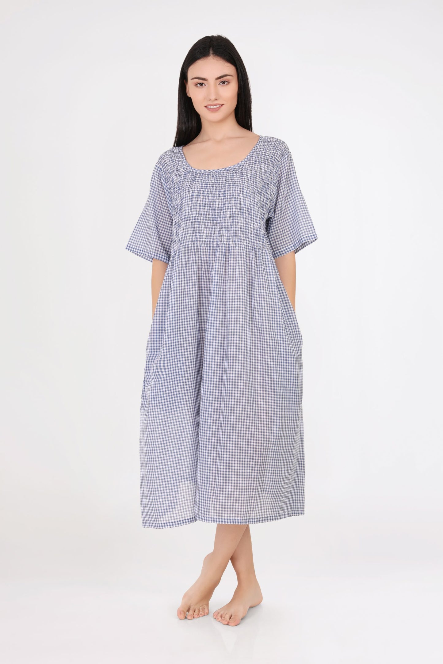ARABELLA Shirred Bodice Short Sleeve (Gingham – Hand Loomed) MD83EE